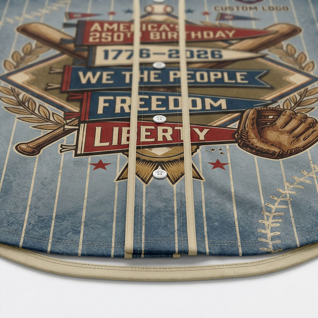 Close-up shot of the high-quality buttons and stacked vintage flags reading Freedom and Liberty on a blue pinstripe patriotic jersey.