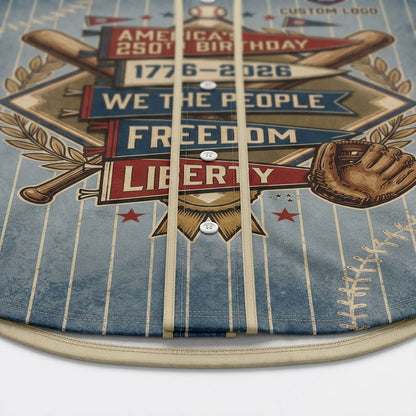 Close-up shot of the high-quality buttons and stacked vintage flags reading Freedom and Liberty on a blue pinstripe patriotic jersey.