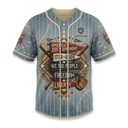 Front view of a vintage blue pinstripe USA America 250th Birthday baseball jersey featuring patriotic pennant flag graphics and crossed bats.