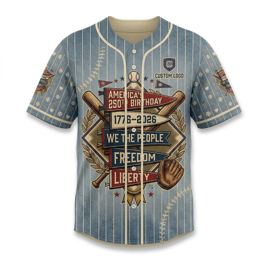 Front view of a vintage blue pinstripe USA America 250th Birthday baseball jersey featuring patriotic pennant flag graphics and crossed bats.