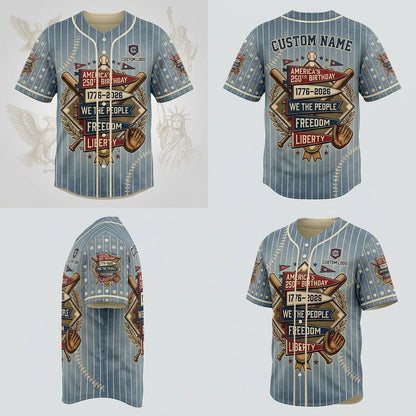 Multi-angle product display grid showing the front, back, side sleeve view, and detailed construction of the 250th anniversary baseball jersey.