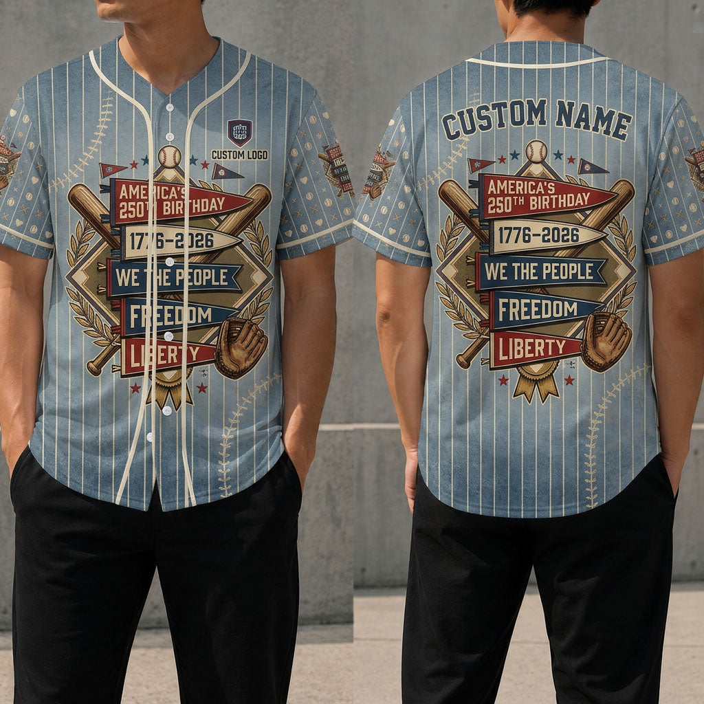 Front and back view of a custom name USA 250th Birthday baseball jersey with We The People and Freedom pennants print.