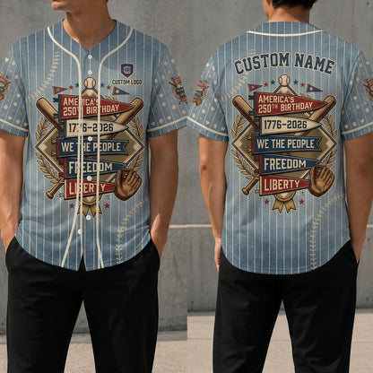 Front and back view of a custom name USA 250th Birthday baseball jersey with We The People and Freedom pennants print.