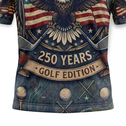 Close-up shot of the high-definition printed bald eagle crest, crossed golf clubs, and 250 Years Golf Edition ribbon text.