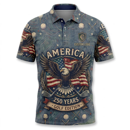Front view of a navy blue USA America Eagle 250 Years golf polo shirt with custom player name option badge.