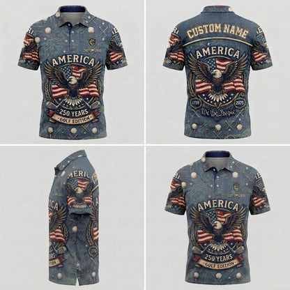 Multi-angle product display grid showcasing the front, back, topographic golf pattern panels, and athletic tailored fit of the polo shirt.