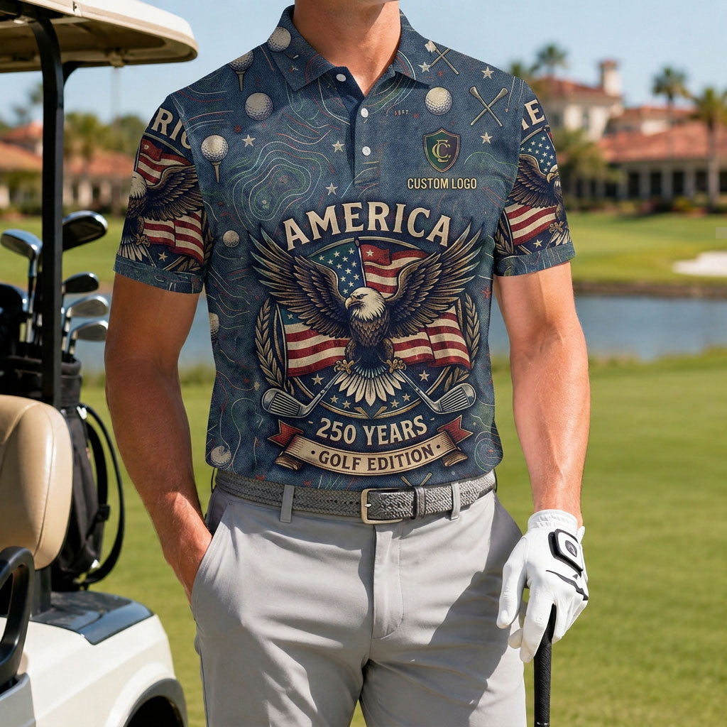 A male golfer wearing the customized America Eagle 250 Years polo shirt standing proudly on a premium country club fairway green.