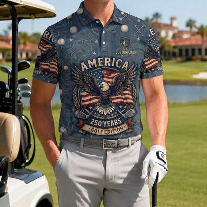A male golfer wearing the customized America Eagle 250 Years polo shirt standing proudly on a premium country club fairway green.