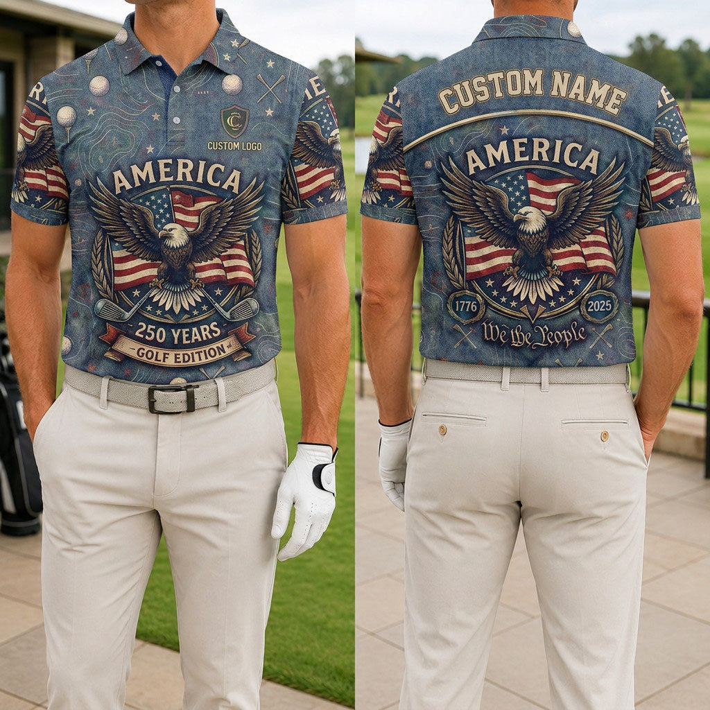 Front and back view of a personalized USA America Eagle polo shirt showing the custom name printing area on the back.