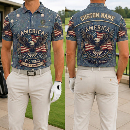 Front and back view of a personalized USA America Eagle polo shirt showing the custom name printing area on the back.