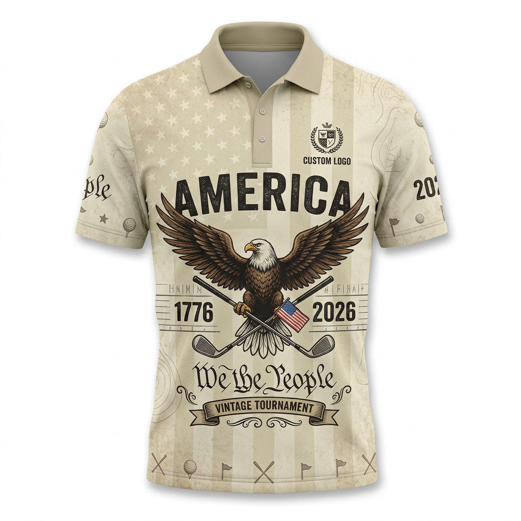 Front view of a vintage cream USA America We The People 250 Years golf polo shirt with custom player name option badge.