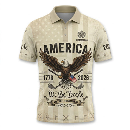 Front view of a vintage cream USA America We The People 250 Years golf polo shirt with custom player name option badge.