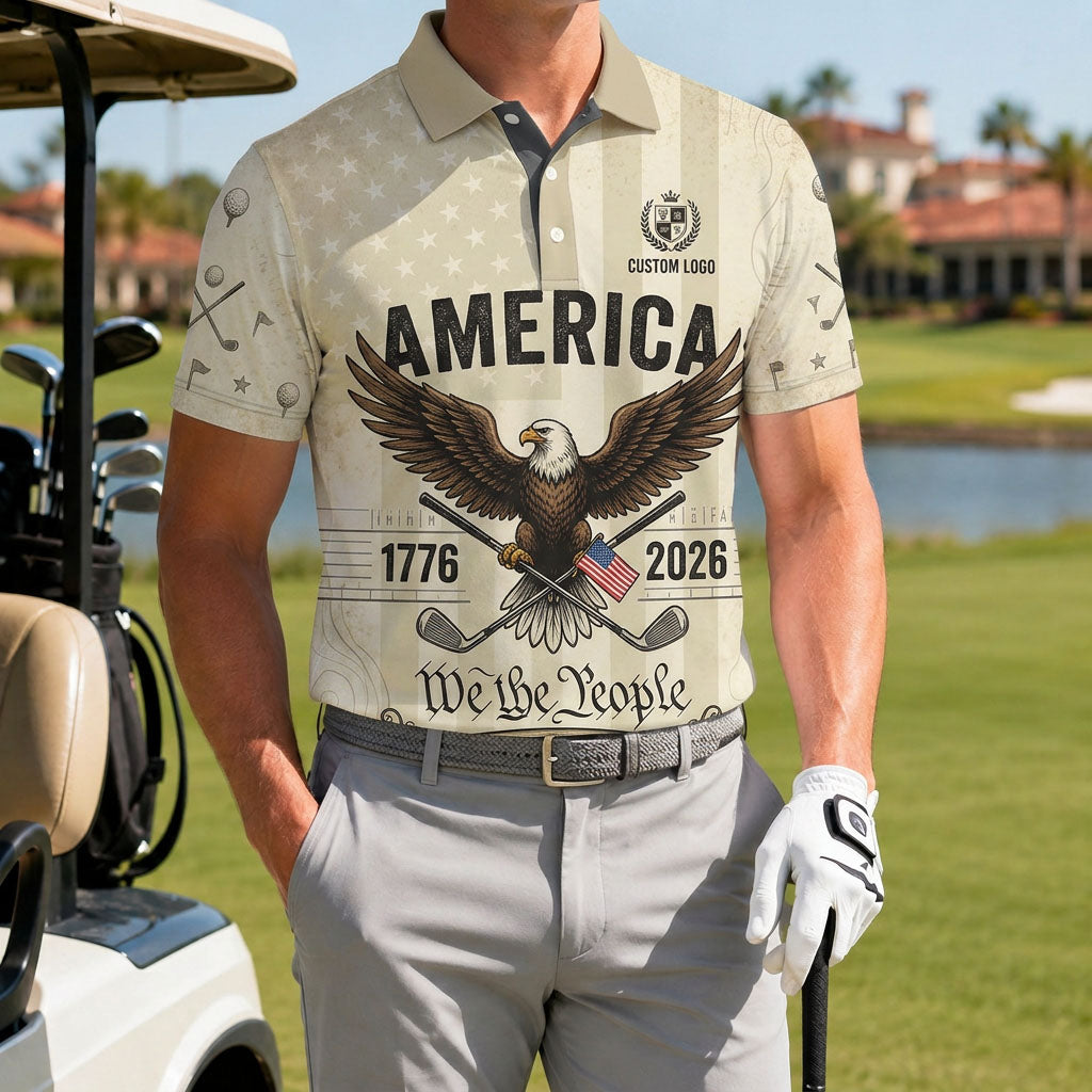 A male golfer wearing the customized We The People 250 Years polo shirt standing proudly on a premium country club fairway green.