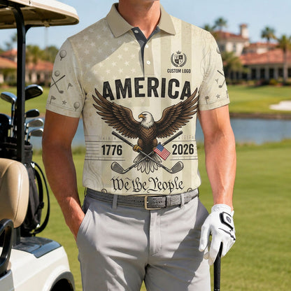 A male golfer wearing the customized We The People 250 Years polo shirt standing proudly on a premium country club fairway green.