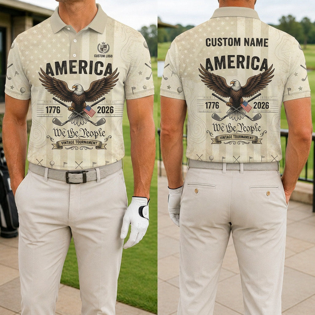 Front and back view of a personalized USA We The People golf polo shirt showing the custom name printing area on the back.