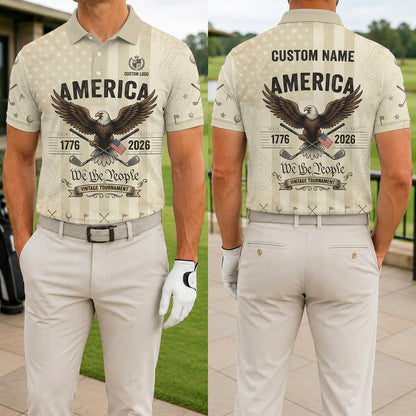 Front and back view of a personalized USA We The People golf polo shirt showing the custom name printing area on the back.