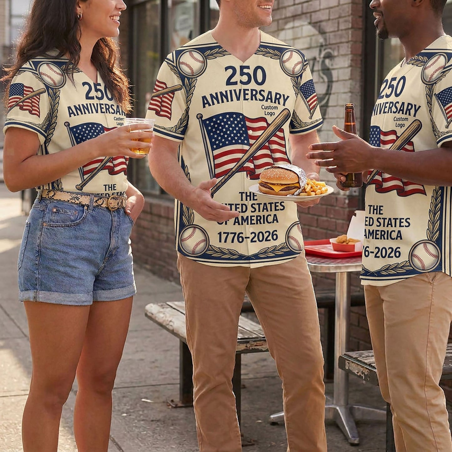 Three people wearing 250th anniversary baseball jerseys in a casual outdoor setting