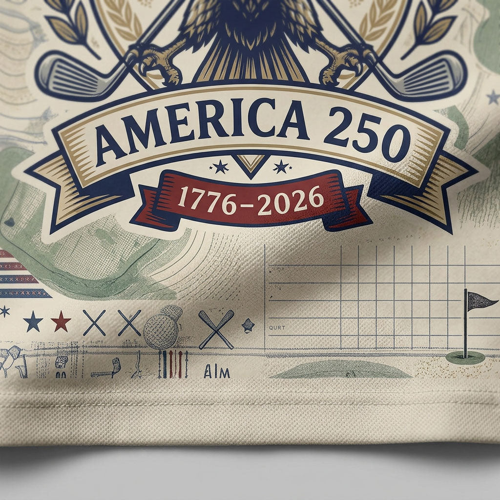 Close-up shot of the high-definition printed ink bald eagle crest, crossed clubs, and America 250 (1776-2026) ribbon text.