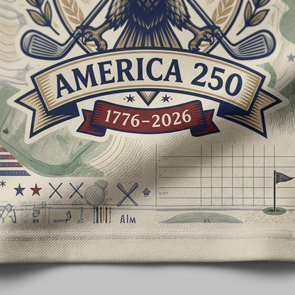 Close-up shot of the high-definition printed ink bald eagle crest, crossed clubs, and America 250 (1776-2026) ribbon text.