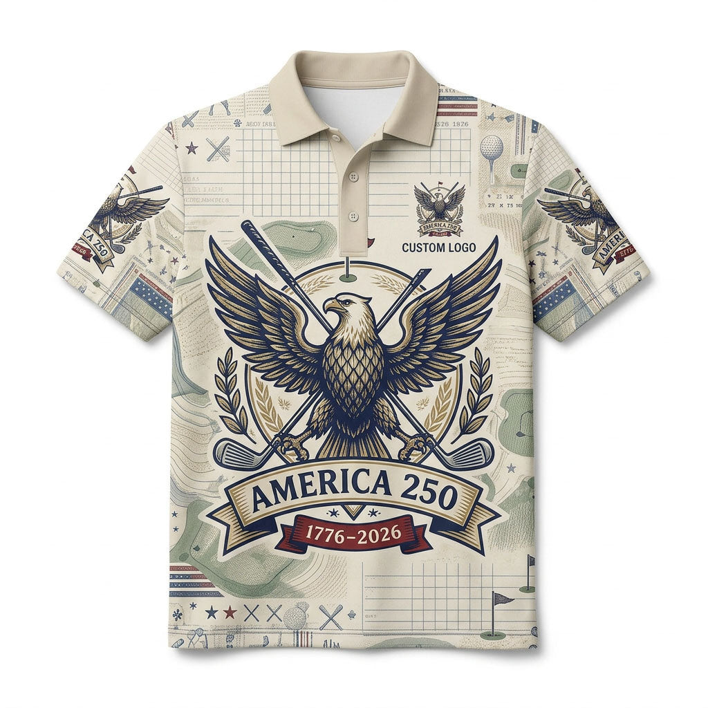 Front view of a vintage cream USA Blueprint Eagle America 250 golf polo shirt with custom player name option badge.