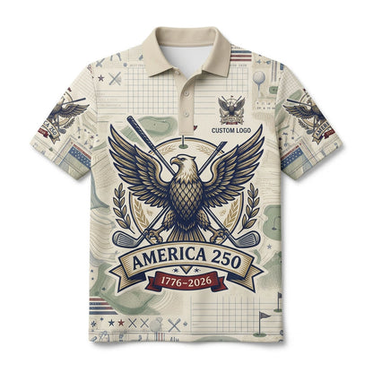 Front view of a vintage cream USA Blueprint Eagle America 250 golf polo shirt with custom player name option badge.