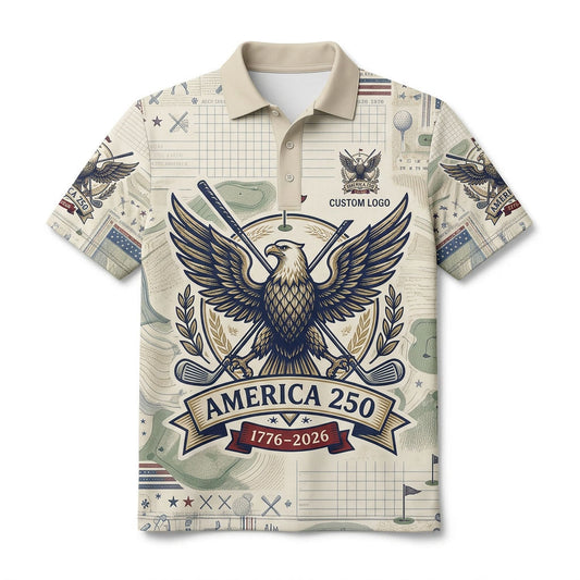 Front view of a vintage cream USA Blueprint Eagle America 250 golf polo shirt with custom player name option badge.