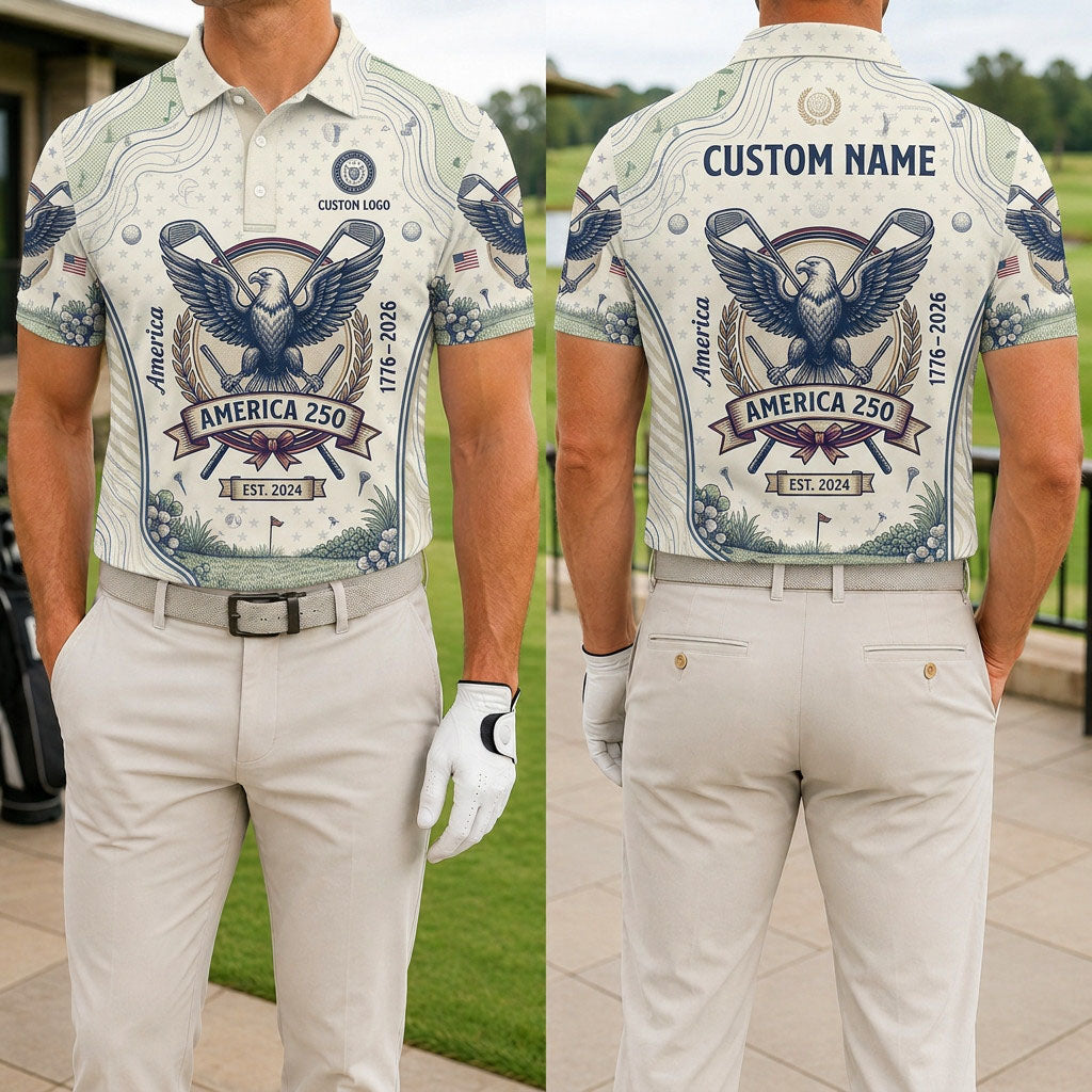 Front and back view of a personalized USA Blueprint Eagle 250 polo showing the custom name printing area on the back.