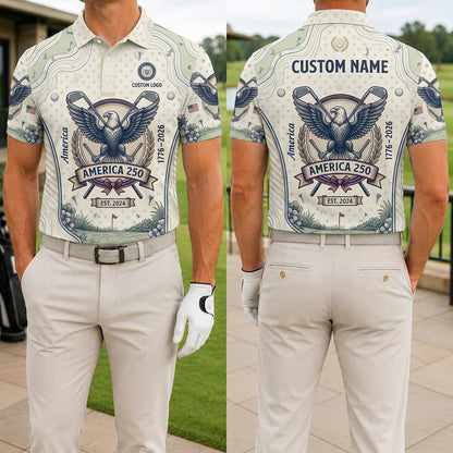 Front and back view of a personalized USA Blueprint Eagle 250 polo showing the custom name printing area on the back.