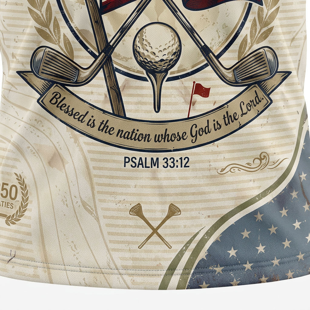 Close-up shot of the high-definition printed patriotic USA shield crest, crossed golf clubs, and 250 Years ribbon on a premium polo shirt.