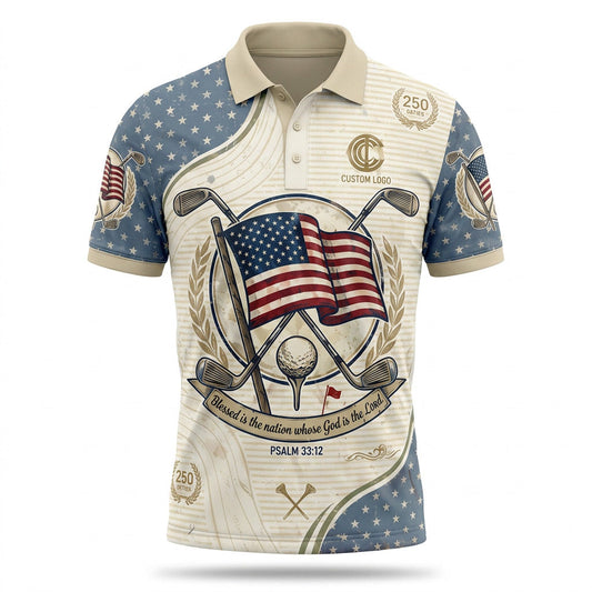Front view of a colorful USA brush stroke flag 250 Years Freedom golf polo shirt with custom player name option badge.