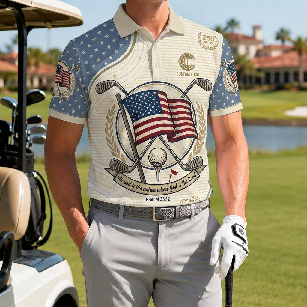 A male golfer wearing the customized USA brush stroke flag polo shirt standing proudly on a premium country club fairway green.
