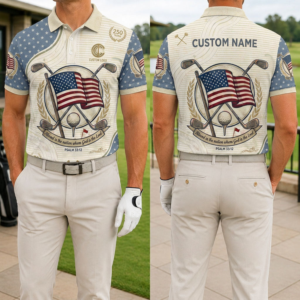 Front and back view of a personalized USA brush stroke flag golf polo shirt showing the custom name printing space on the back yoke.