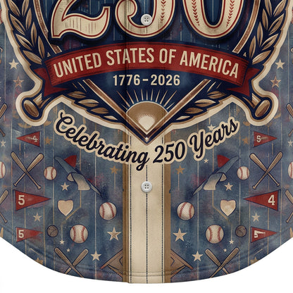 Close-up shot of the high-definition text reading Celebrating 250 Years 1776-2026 over sports pennants on a patriotic jersey.