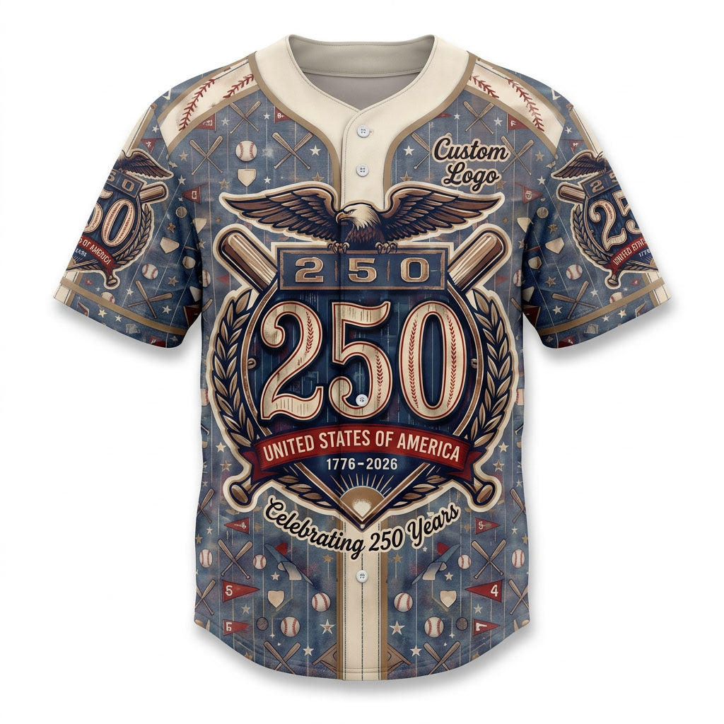 Front view of a vintage denim blue USA Celebrating 250 Years baseball jersey with a large central crest, eagle, and laurel wreath.
