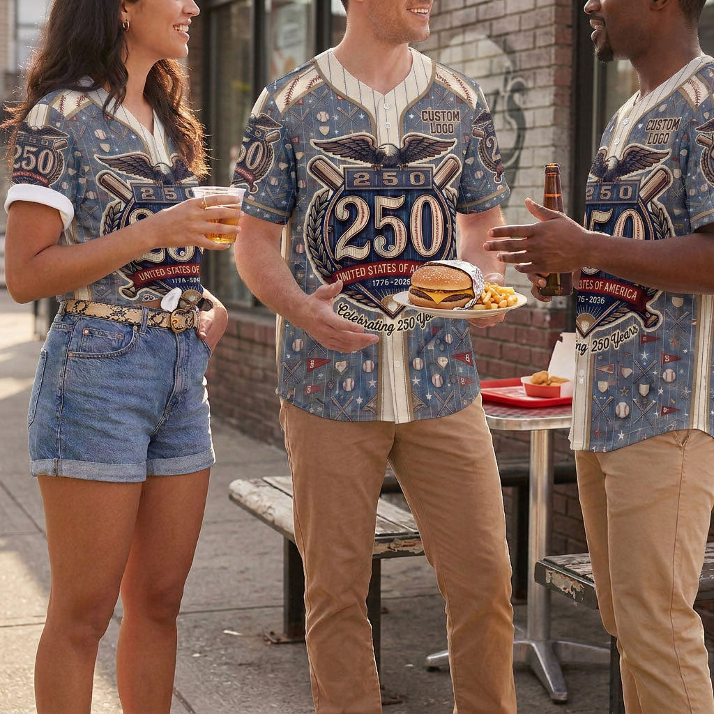 A group of multi-ethnic friends wearing matching denim-style USA 250 Years baseball jerseys hanging out together at an outdoor diner.