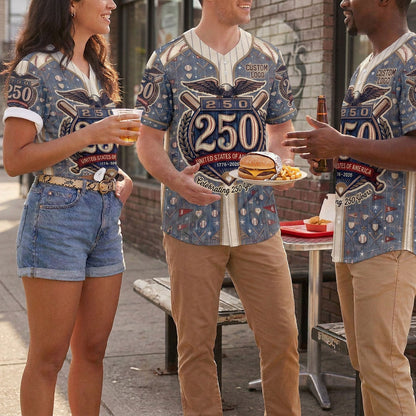 A group of multi-ethnic friends wearing matching denim-style USA 250 Years baseball jerseys hanging out together at an outdoor diner.