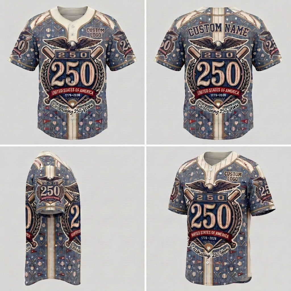 Multi-angle product display grid showcasing the front, back, side panel details, and the custom crest symmetry of the 250th jersey.