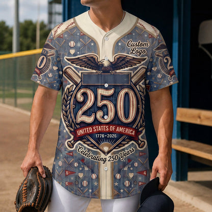 A male model wearing the custom USA Celebrating 250 Years baseball jersey at a sunny baseball dugout holding a leather mitt.