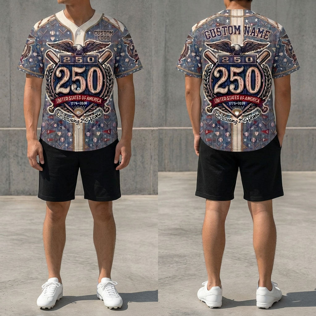 Front and back view of a custom name USA Celebrating 250 Years baseball jersey featuring a festive patriotic multi-pattern print.