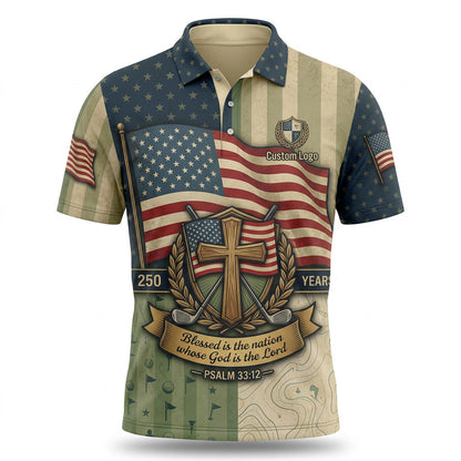 Front view of a vintage flag USA Cross Faith 250 Years golf polo shirt with custom player name option badge.