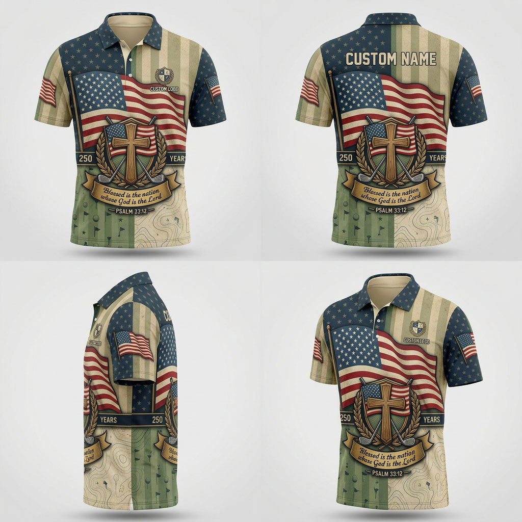 Multi-angle product display grid showcasing the front, back, sleeve emblem details, and athletic tailored fit of the polo shirt.