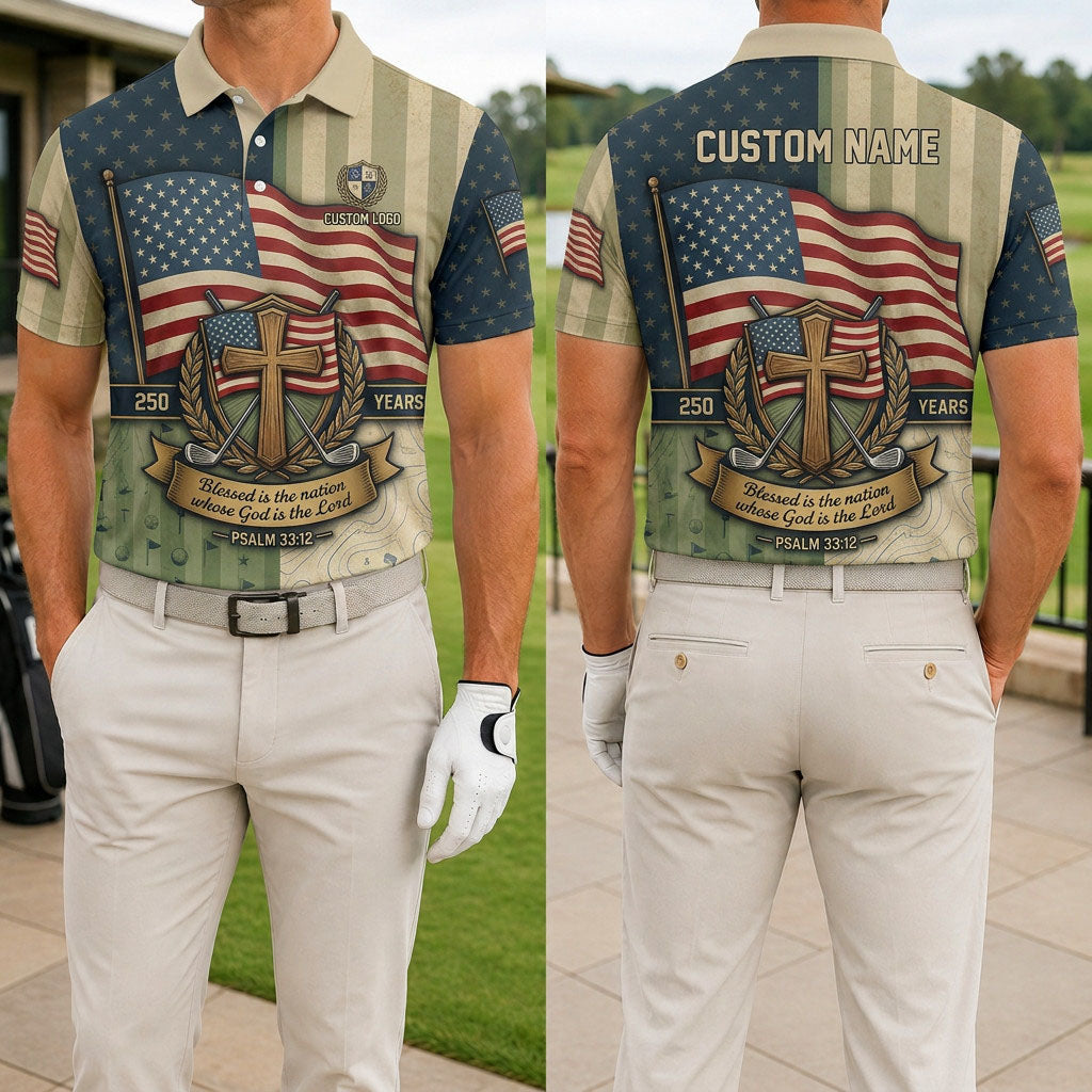 Front and back view of a personalized USA Cross Faith golf polo shirt showing the custom name printing area on the back.
