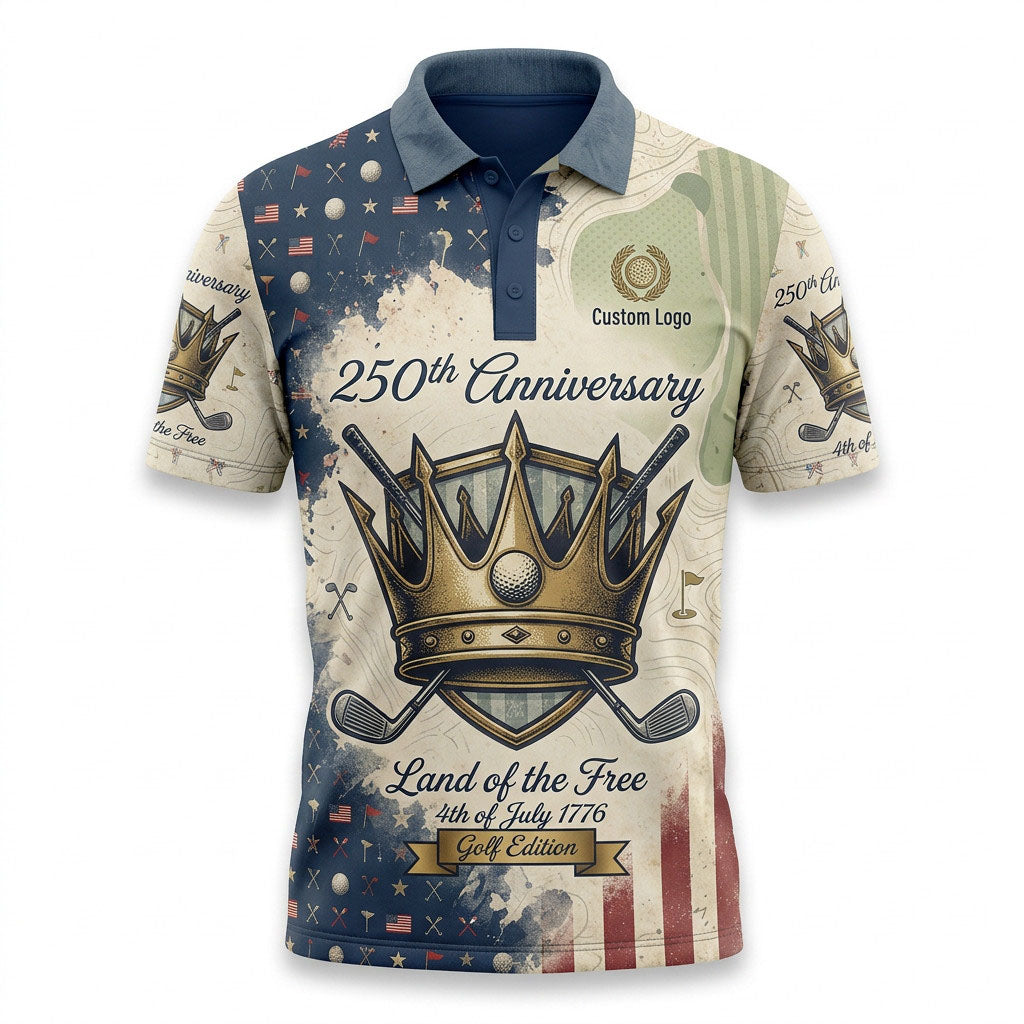 Front view of an asymmetrical navy and cream USA Crown 250th Anniversary golf polo shirt with custom player name option badge.