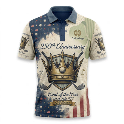 Front view of an asymmetrical navy and cream USA Crown 250th Anniversary golf polo shirt with custom player name option badge.