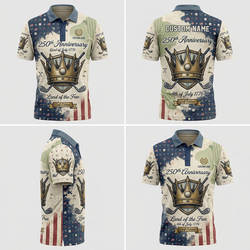 Multi-angle product display grid showcasing the front, back, grunge flag pattern panels, and athletic tailored fit of the polo shirt.
