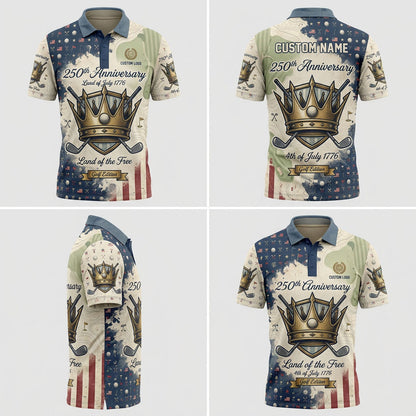 Multi-angle product display grid showcasing the front, back, grunge flag pattern panels, and athletic tailored fit of the polo shirt.