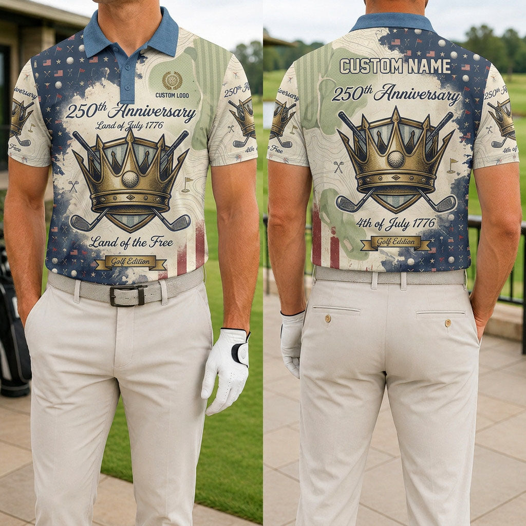 Front and back view of a personalized USA Crown Land of the Free golf polo shirt showing the custom name printing area on the back.