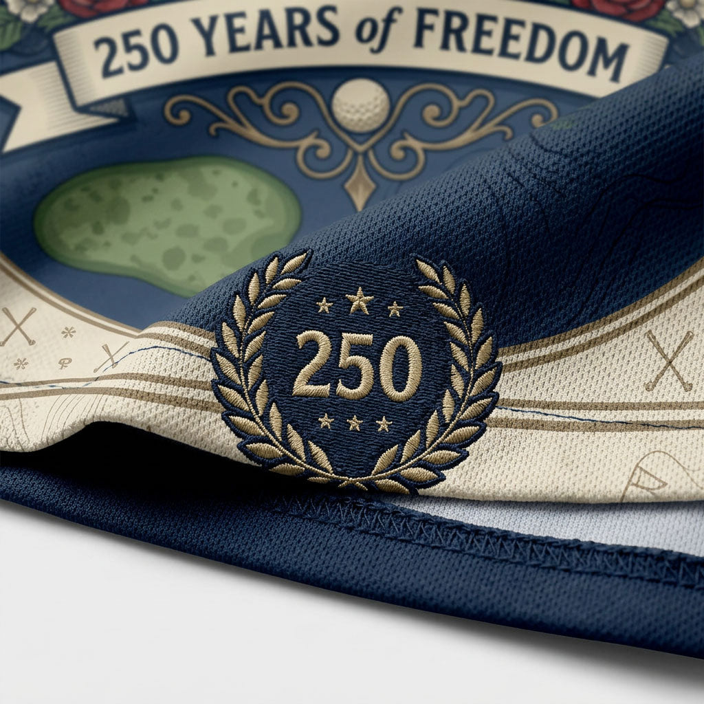 Close-up shot of the high-definition printed patriotic bald eagle emblem and premium button placket on a golf polo shirt.