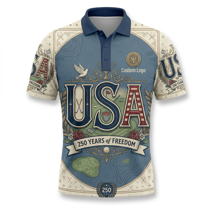 Front view of a cream USA Eagle 250 Years Liberty golf polo shirt with vintage patriotic artwork and custom text option.