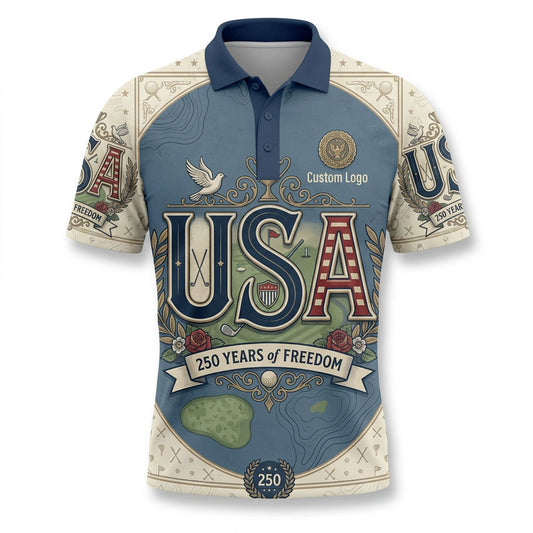 Front view of a cream USA Eagle 250 Years Liberty golf polo shirt with vintage patriotic artwork and custom text option.